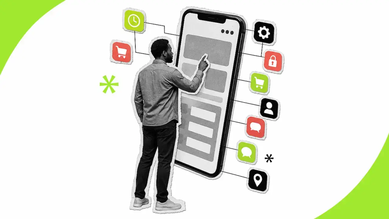 Ilustração de homem tocando em celular gigante