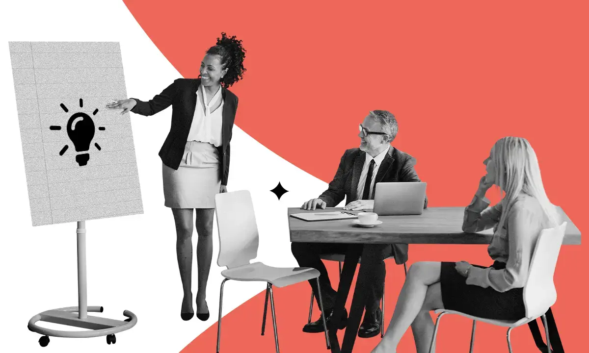 Arte ilustrativa mostrando uma reunião de apresentação, remetendo ao conceito de thought leadership .