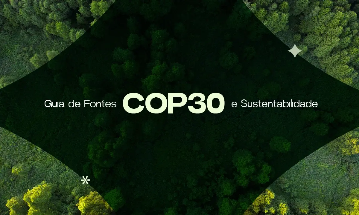 Vista aérea da copa de árvores com a escrita "Guia de Fonte COP30 e Sustentabilidade"
