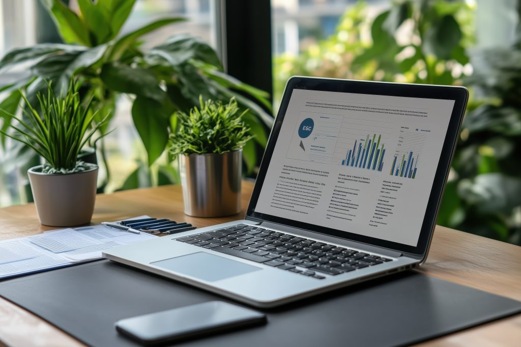 Computador aberto em cima de mesa simulando uma página sobre global reporting initiative
