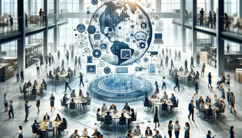 Ilustração de um grande escritório simbolizando diversos processos de comunicação.